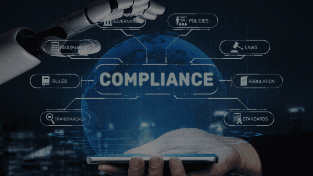Digital compliance concept featuring a robotic arm, human hand with a smartphone, and interconnected terms like governance, policies, and laws against a dark, binary-coded background