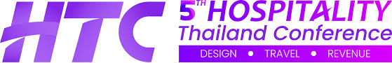 HTC 5th Hospitality Thailand Conference banner with purple gradient text and focus areas design, travel, and revenue.