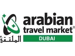 Arabian Travel Market Dubai logo with green and black text and a globe icon.