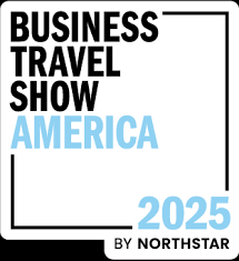 Business Travel Show America 2025 logo with black and light blue text in a bordered layout.