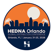 HEDNA Orlando 2026 logo with city skyline, palm trees, and sunset design.