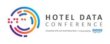 Hotel Data Conference logo with colorful circular data graphic and event name text.