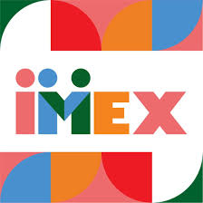 IMEX logo with multicolored letters on a vibrant geometric background.