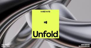 Mews Unfold event graphic with yellow square and abstract metallic background.