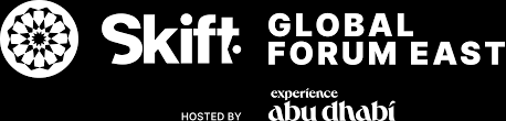 Skift Global Forum East logo with white text and icon on a black background, hosted by Experience Abu Dhabi.