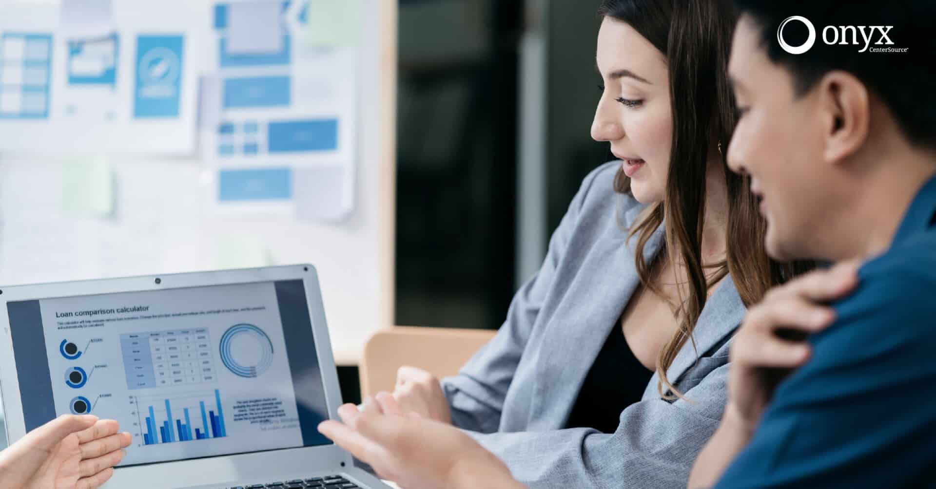 Three colleagues review a loan comparison calculator and financial charts on a laptop during a meeting in a modern office, with the Onyx CenterSource logo in the corner.