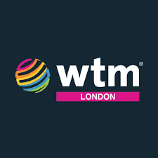 WTM London logo with multicolored globe icon and white text on a dark blue background.