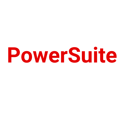 PowerSuite logo featuring bold, bright red text in a sans-serif font on a solid black background, centered with a minimalist and modern design.