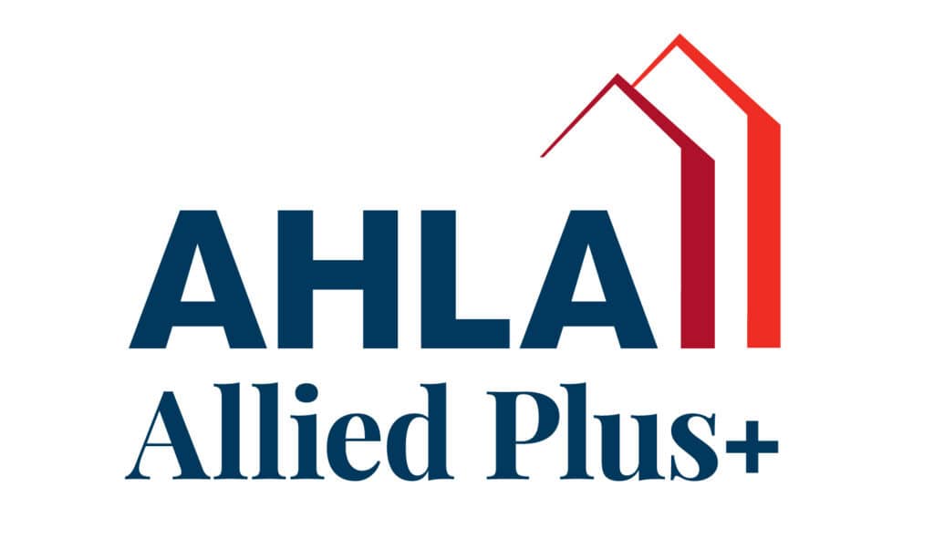 AHLA Allied Plus+ logo with navy text and two overlapping red house-shaped outlines on a white background.