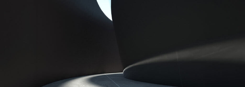 Curved dark architectural walls frame a minimalist concrete walkway, with soft sunlight filtering through a narrow opening above.