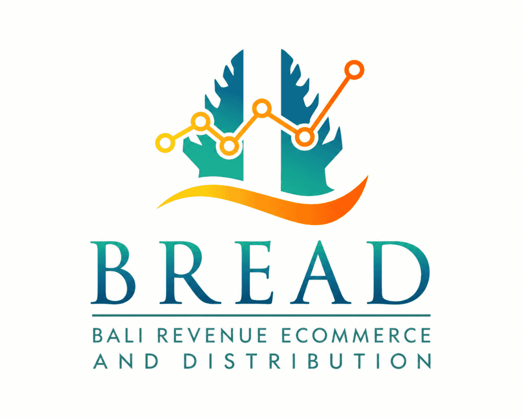 BREAD (Bali Revenue Ecommerce And Distribution) logo featuring a Balinese split gateway in teal-to-blue gradient with an upward-trending orange line graph overlaid, symbolizing regional roots and business growth.