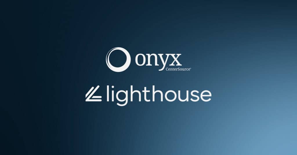 Onyx CenterSource and Lighthouse logos in white on a blue gradient background.